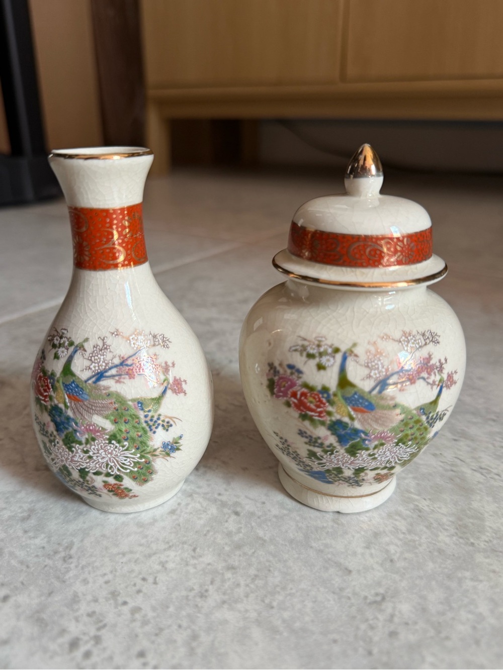 Porcelain Floral & Peacock Decorative Vase and ginger Jar - Cream and Orange